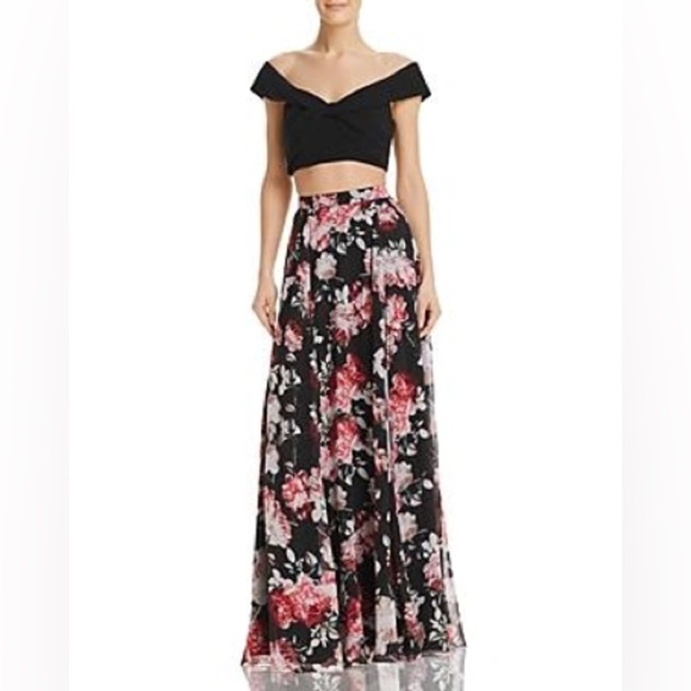 Fame and Partners Black set with Pink Floral Design wedding maxi skirt top NWT